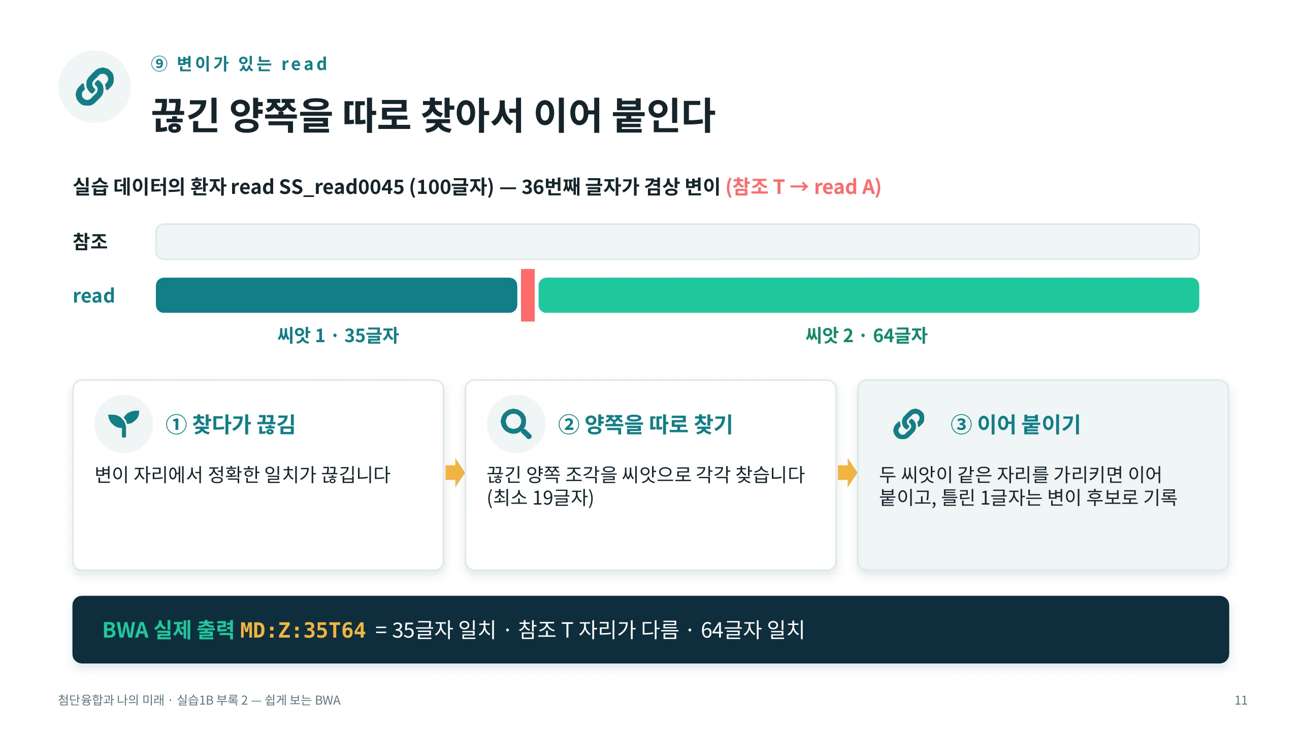 ⑨ 변이가 있는 read — 끊긴 양쪽을 따로 찾아서 이어 붙인다